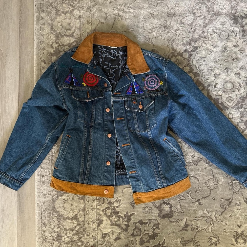 Embroidered Denim Jacket with Tan Accents